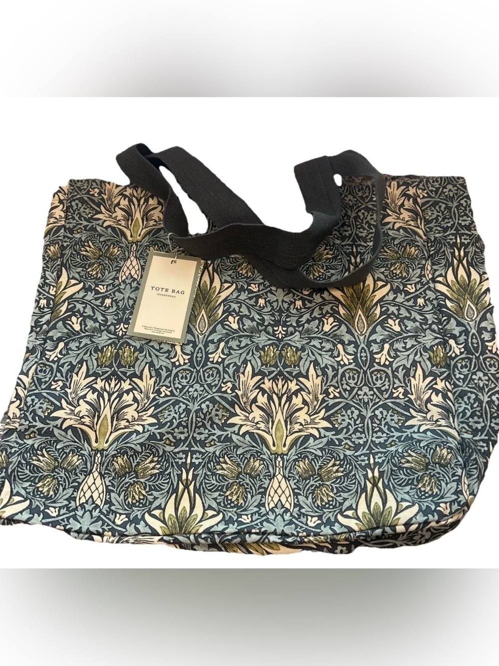 William Morris & Co Canvas Tote Bag “Snakehead”Blue Floral Interior Pocket